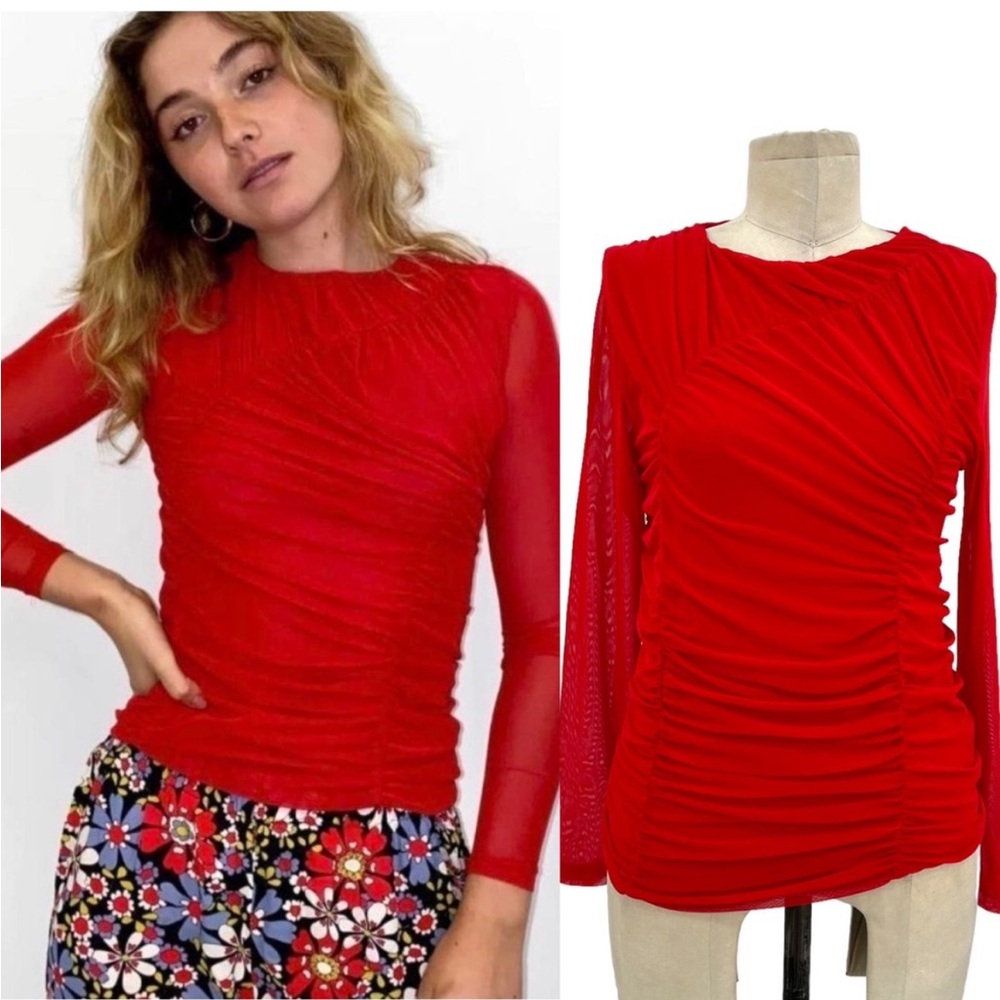 WRAY NYC Friday Top in Tomato Red Mesh Ruched Size Small